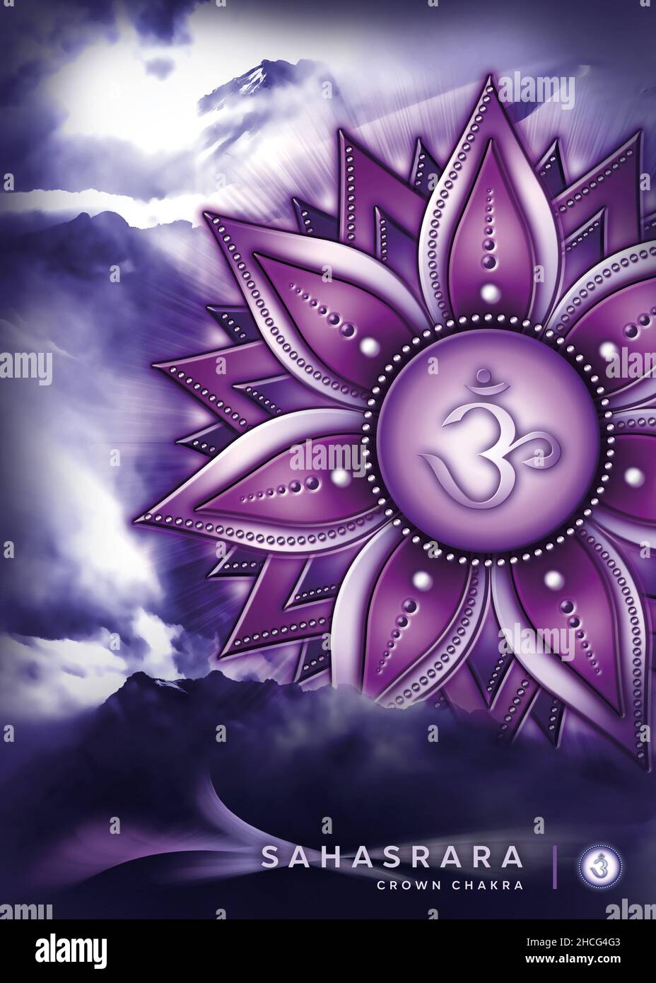 Poster, Tapete mit Krone-Chakra-Symbol (Sahasrara). Kunstwerke mit mystischen Naturelementen und Landschaften. Stockfoto