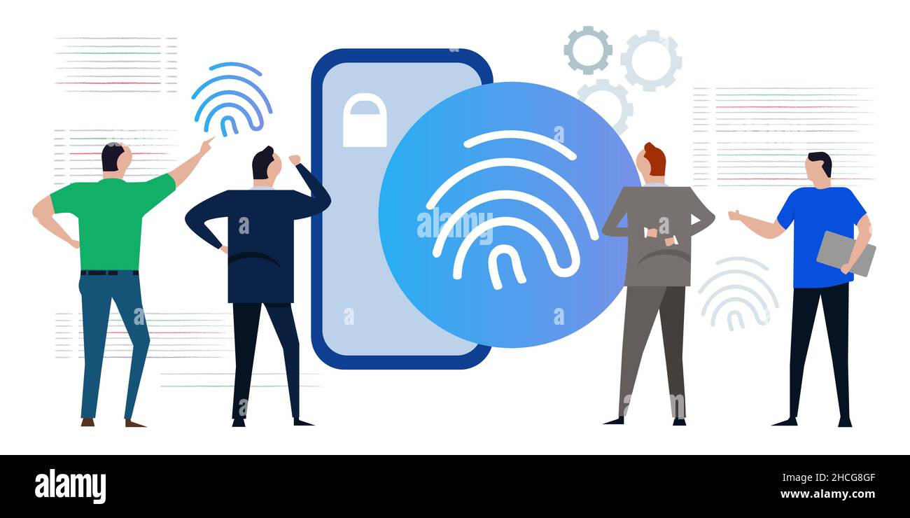 Fingerabdruck-sichere Zugangssperre Smartphone-Team arbeitet an der Überprüfung des Sicherheitscodes analysieren Stock Vektor