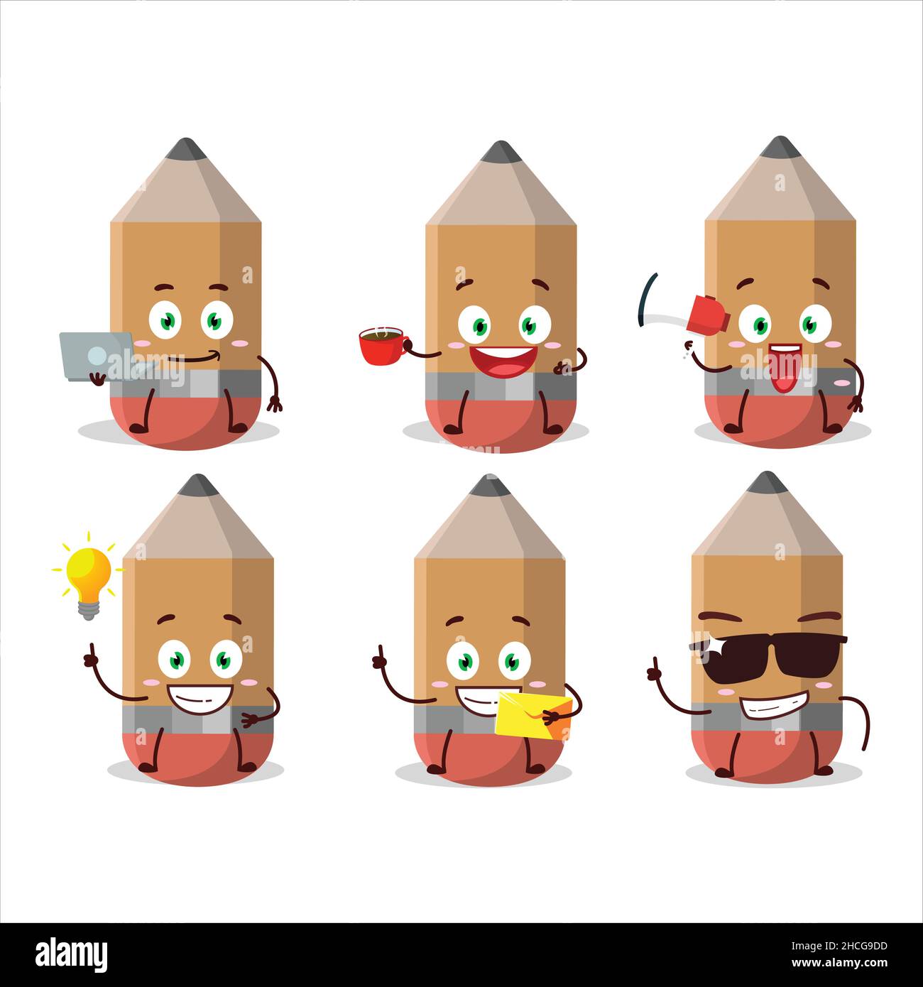 Bleistift Cartoon-Figur mit verschiedenen Arten von Business-Emoticons. Vektorgrafik Stock Vektor