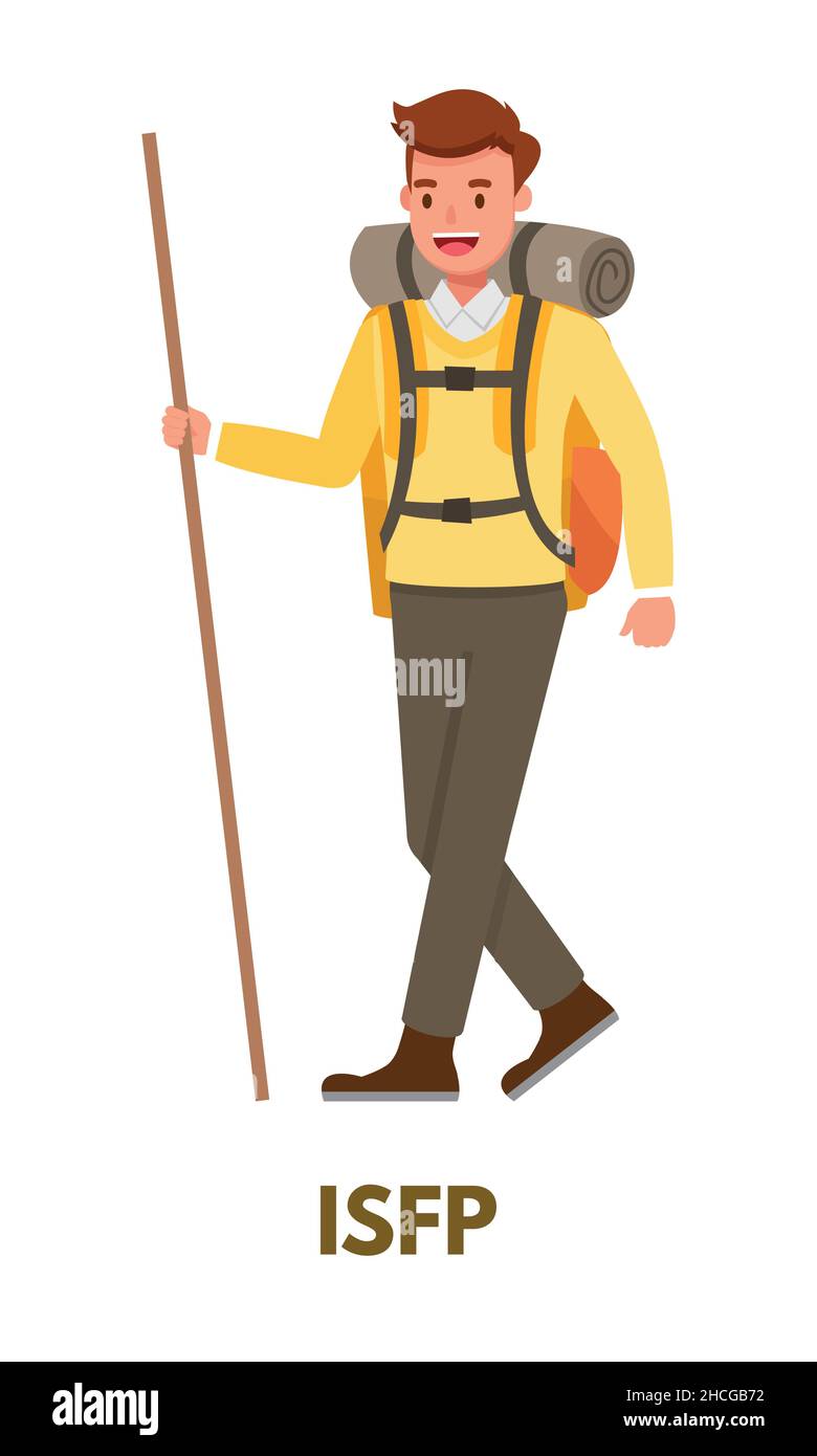 Abenteurer Mann in gelber Kleidung mit Rucksack und Stick repräsentiert ESTP Explorer Persönlichkeitstyp von MBTI. Flache Vektorgrafik isoliert auf weißem Bac Stock Vektor