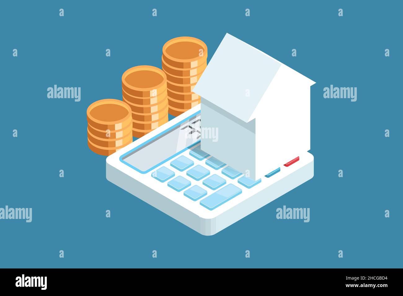 Kauf von Haus mit Geldanlage. Zählen und Verwalten von Vermögenswerten anhand von Miniaturhaus und Münzen und Rechner dargestellt. Illustration des flachen isometrischen Vektors Stock Vektor