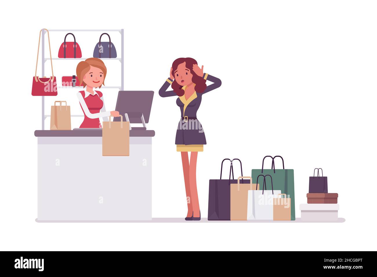 Frau überraschen mit den Kosten für ihren Einkauf. Menschen Interaktion im Einkaufszentrum mit einer Menge Einkaufstaschen. Isoliertes Zeichen Stock Vektor