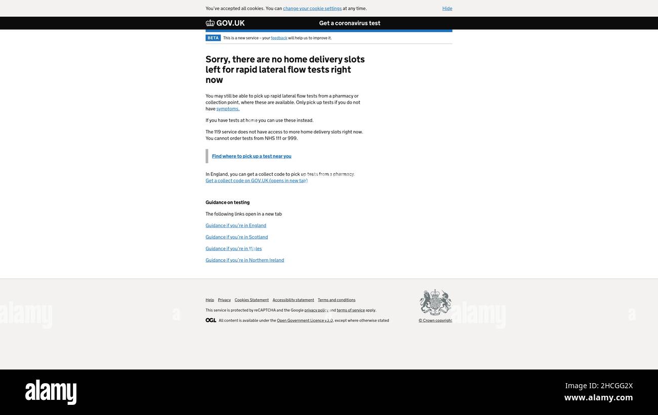 Ein Foto, das zeigt, dass es keine lateralen Durchflusstests auf der Website der britischen Regierung gibt Stockfoto