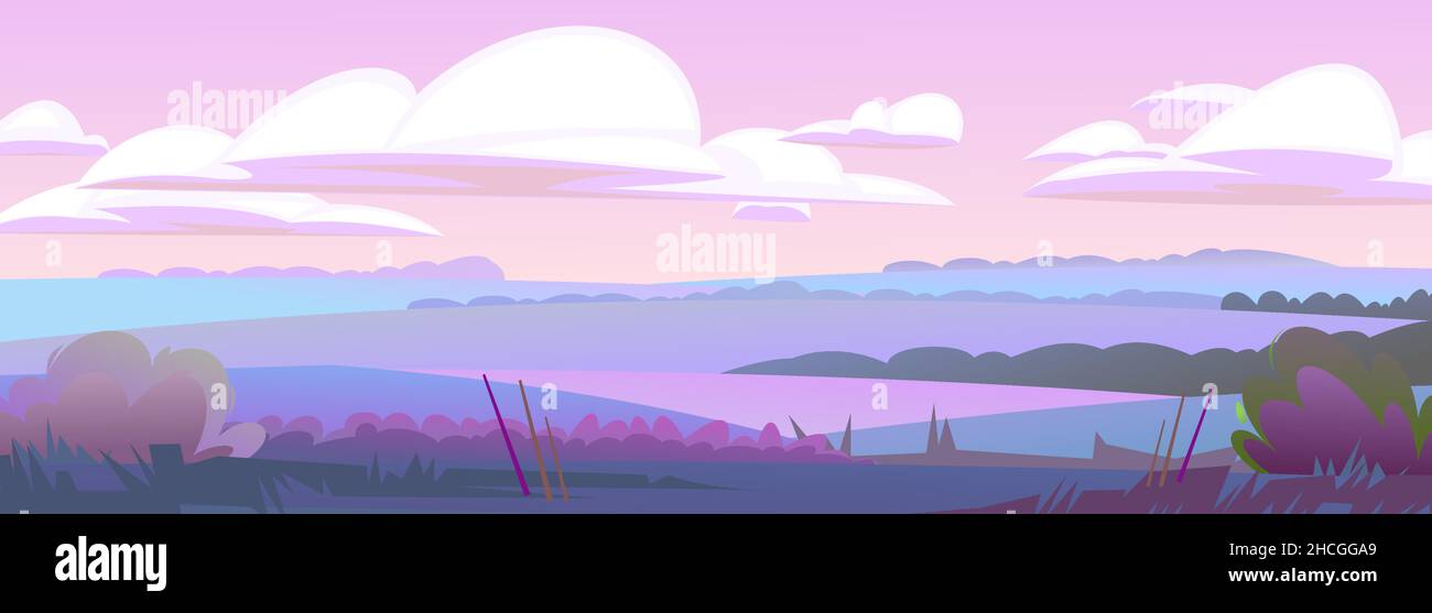 Abendlandschaft. Ländliche Landschaft schöne Aussicht. Dämmerung nach Sonnenuntergang. Horizontale Abbildung. Früh am Morgen vor Sonnenaufgang. Felder und Met Stock Vektor