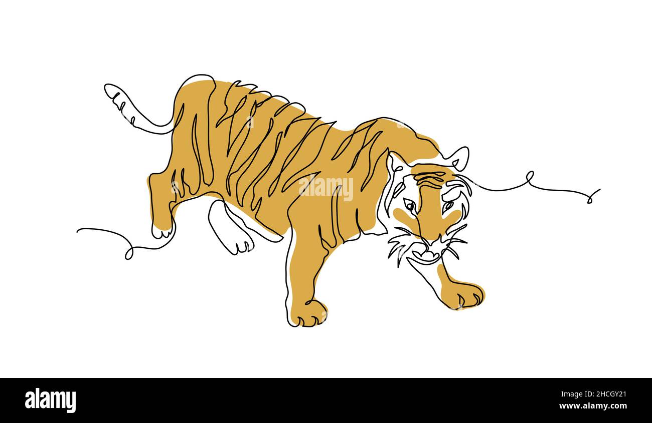 Tiger One kontinuierliche Linie Kunst Zeichnung in Farbe. Vektorgrafik. Chinesisches Neujahrszeichen 2022, Symbol. Tiger-Skizze, Doodle Stock Vektor