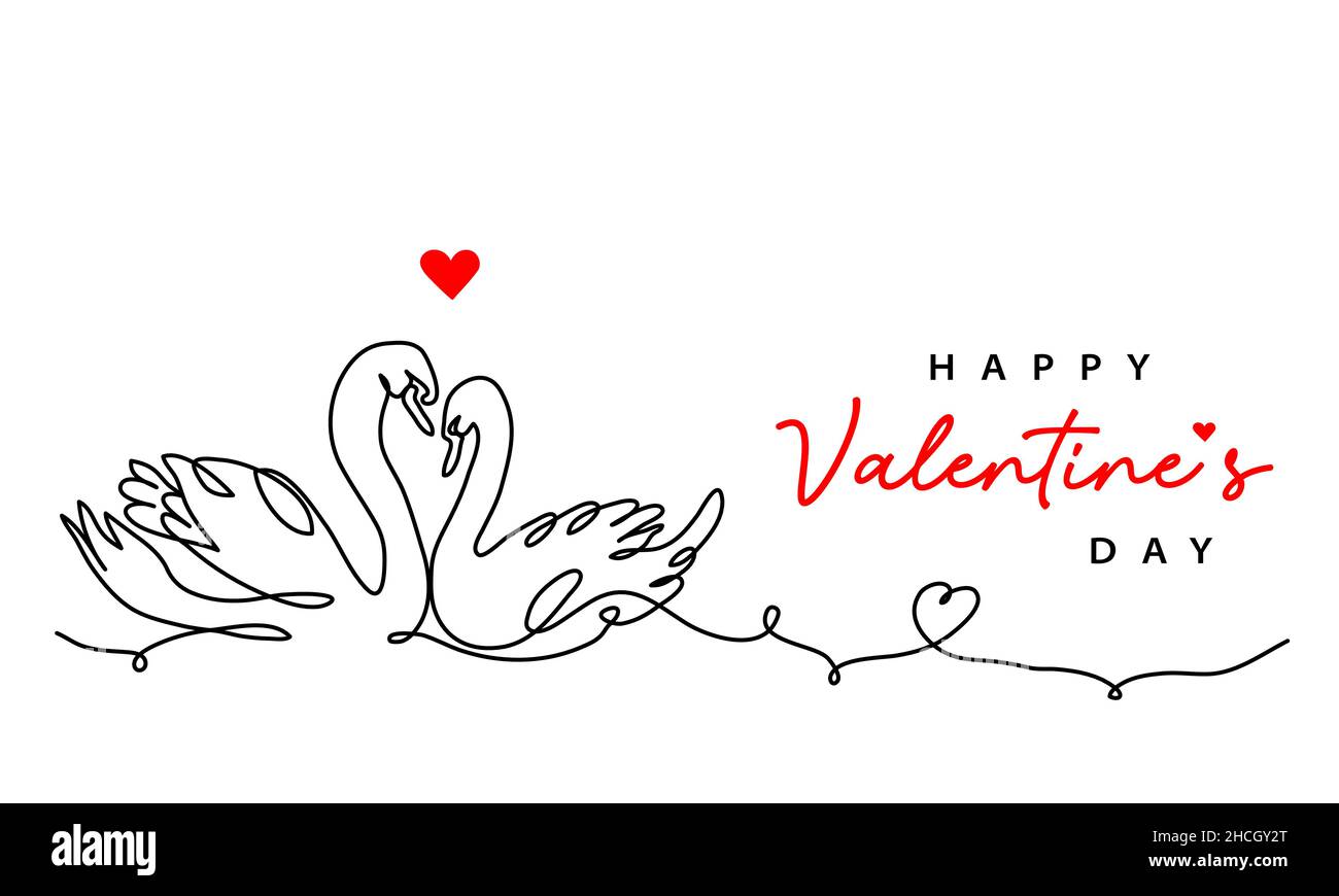 Valentinstag Vektorkarte mit ein paar Schwäne. Eine fortlaufende Linienkunstzeichnung der Liebe zum Hintergrund, Banner, Poster mit zwei Schwanen Stock Vektor