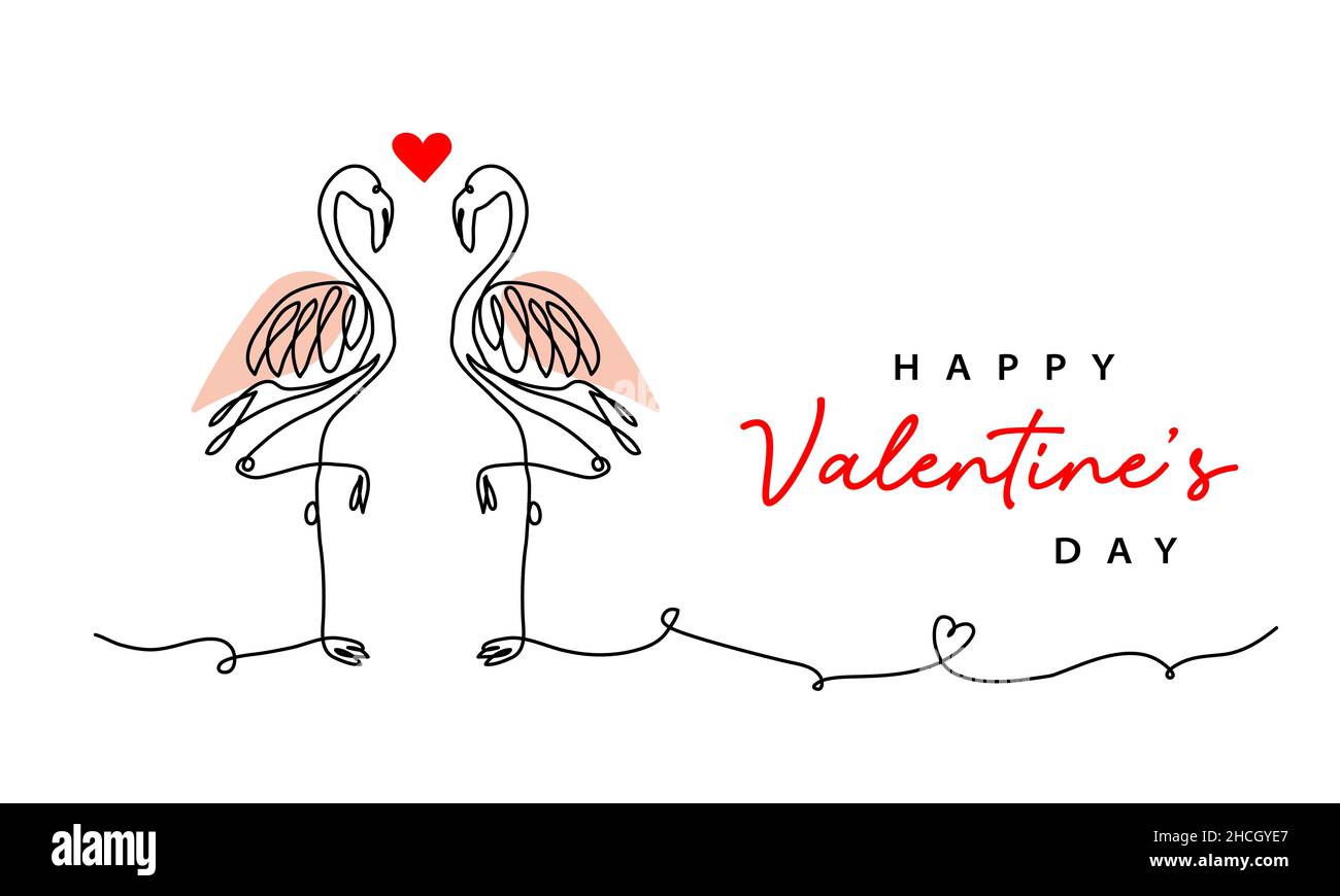 Valentinstag Vektorkarte mit ein paar Flamingos. Eine kontinuierliche Linie Kunst Zeichnung der Liebe für Hintergrund, Banner, Poster für Valentinstag Stock Vektor