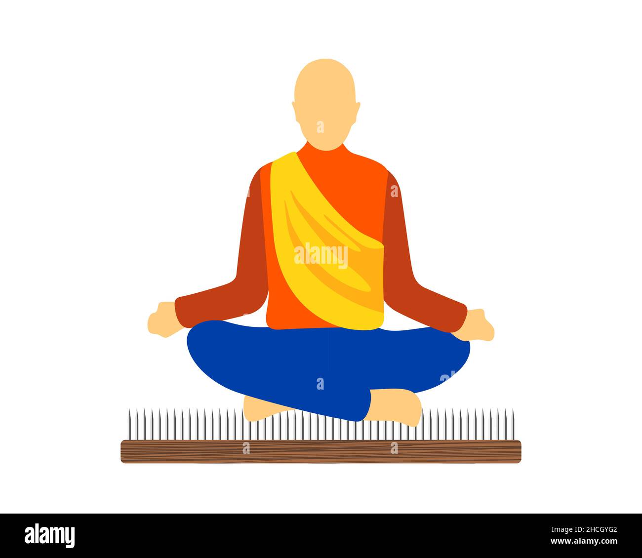 Der Yogi-Mann meditiert in Lotusposition auf dem Sadhu-Brett. Sitzen auf Nägeln Bett. Yoga-Übung und spiritueller Meditationspraktik. Alternative Medizin und Behandlung Vektor eps Illustration Stock Vektor