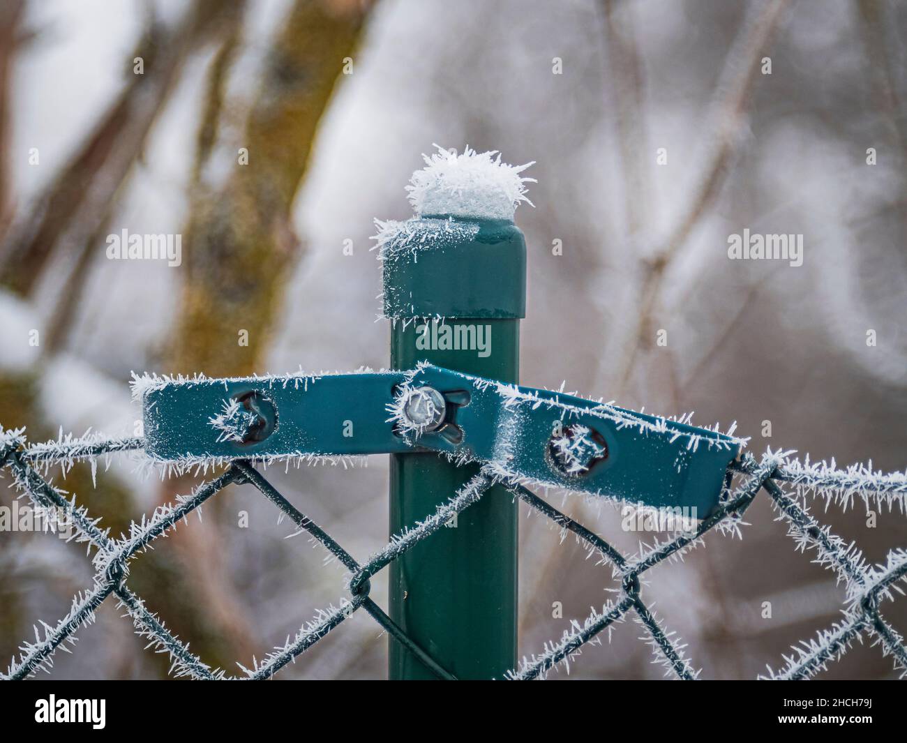 Zaunpfosten mit Schneekappe Stockfoto