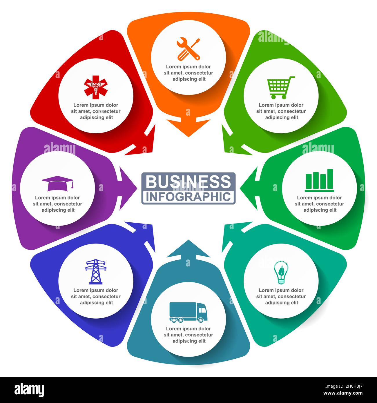 Business Infografik Vektor-Vorlage für Präsentation, editierbares Diagramm, Diagramm, Kreisdiagramm, Branchenkonzept mit 8 Optionen Stock Vektor