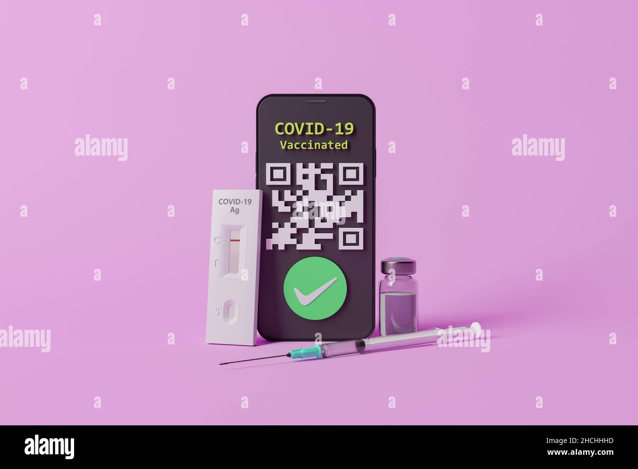 Mobiltelefon mit QR-Code des COVID-Passes, Antigentest und einem Impfstoff daneben. Kovidiertes Passkonzept, Restaurants, Diskotheken und Reisen. 3D Stockfoto