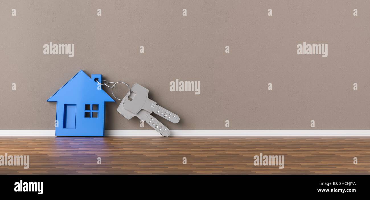 Panorama von Schlüsseln mit blauem Haus an der Wand als Hypothekenfinanzierungskonzept, Copyspace für Ihren individuellen Text. Stockfoto