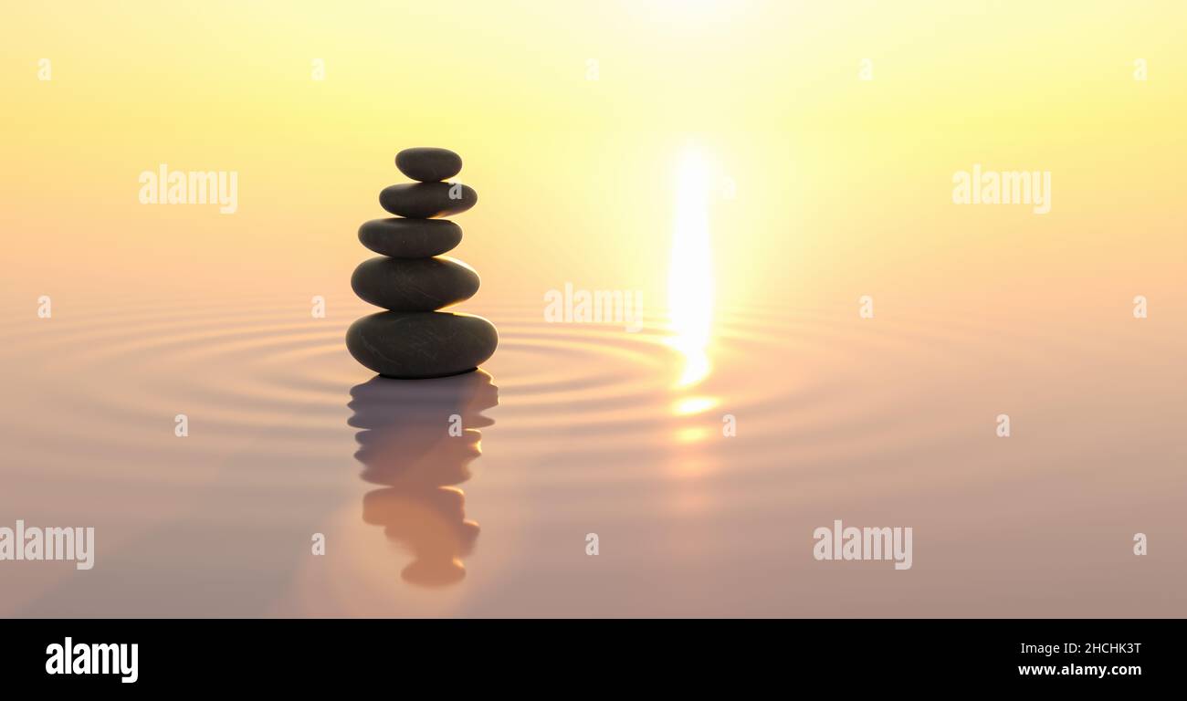 Stapel von Kieselsteinen im Meer bei Sonnenuntergang, japanisches Zen-Garten-Konzeptbild, Copyspace für Ihren individuellen Text. Stockfoto