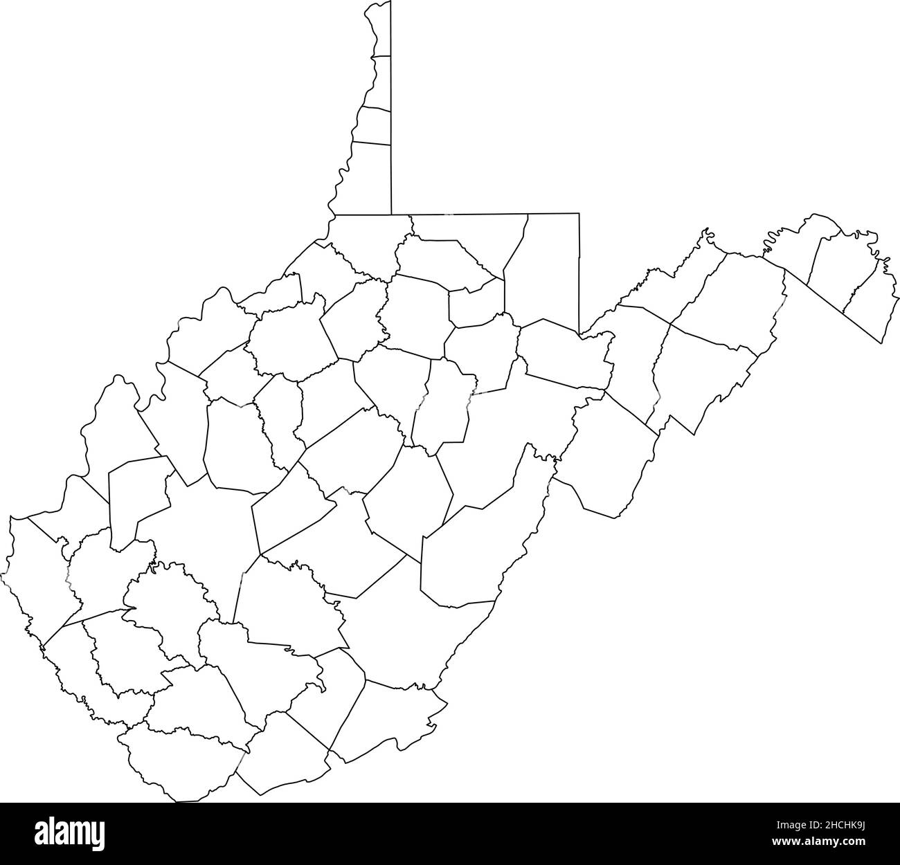 Weiße leere Vektor-Verwaltungskarte des Bundesstaates West Virginia, USA mit schwarzen Grenzen seiner Grafschaften Stock Vektor