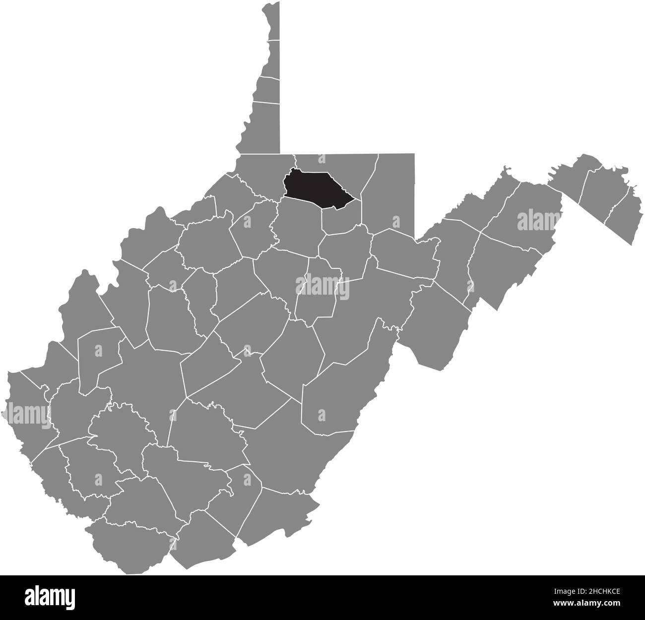 Schwarz markierte Standortkarte des Marion County in grauer Verwaltungskarte des Bundesstaates West Virginia, USA Stock Vektor