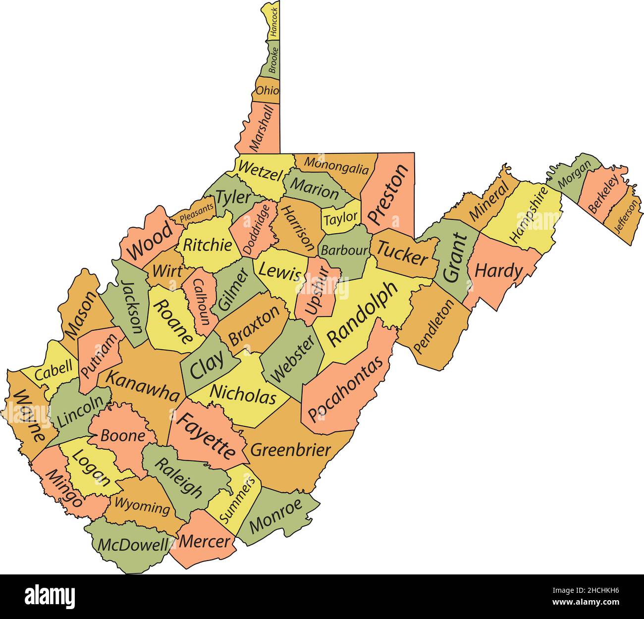 Pastell-Vektor-Verwaltungskarte des Bundesstaates West Virginia, USA mit schwarzen Rändern und Namensschildern seiner Grafschaften Stock Vektor