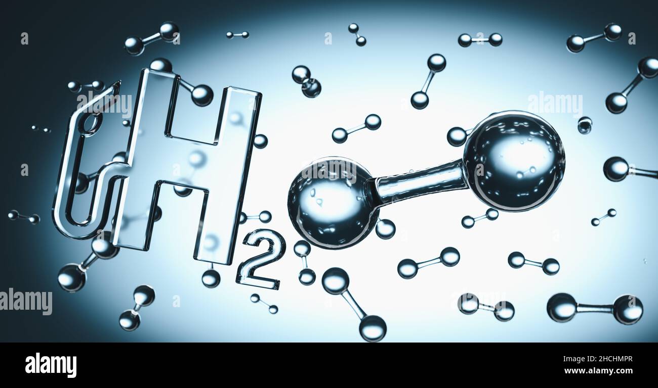 H2 Tankstelle Zeichen mit Wasserstoffmolekül in der Flüssigkeit Stockfoto