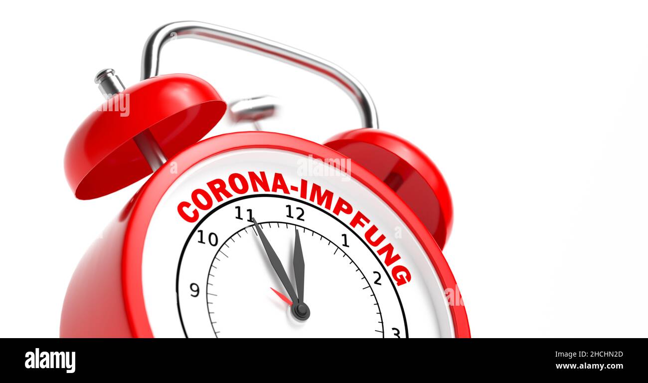 Corona-Impfung Covid19 Impfung Konzept mit rotem Wecker Stockfoto