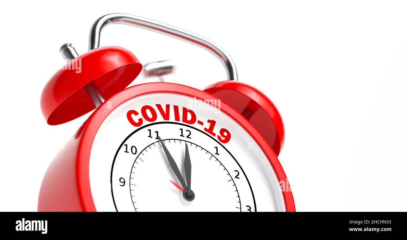 Cobid 19 Corona Coronavirus Impuls Konzept mit rotem Wecker Stockfoto