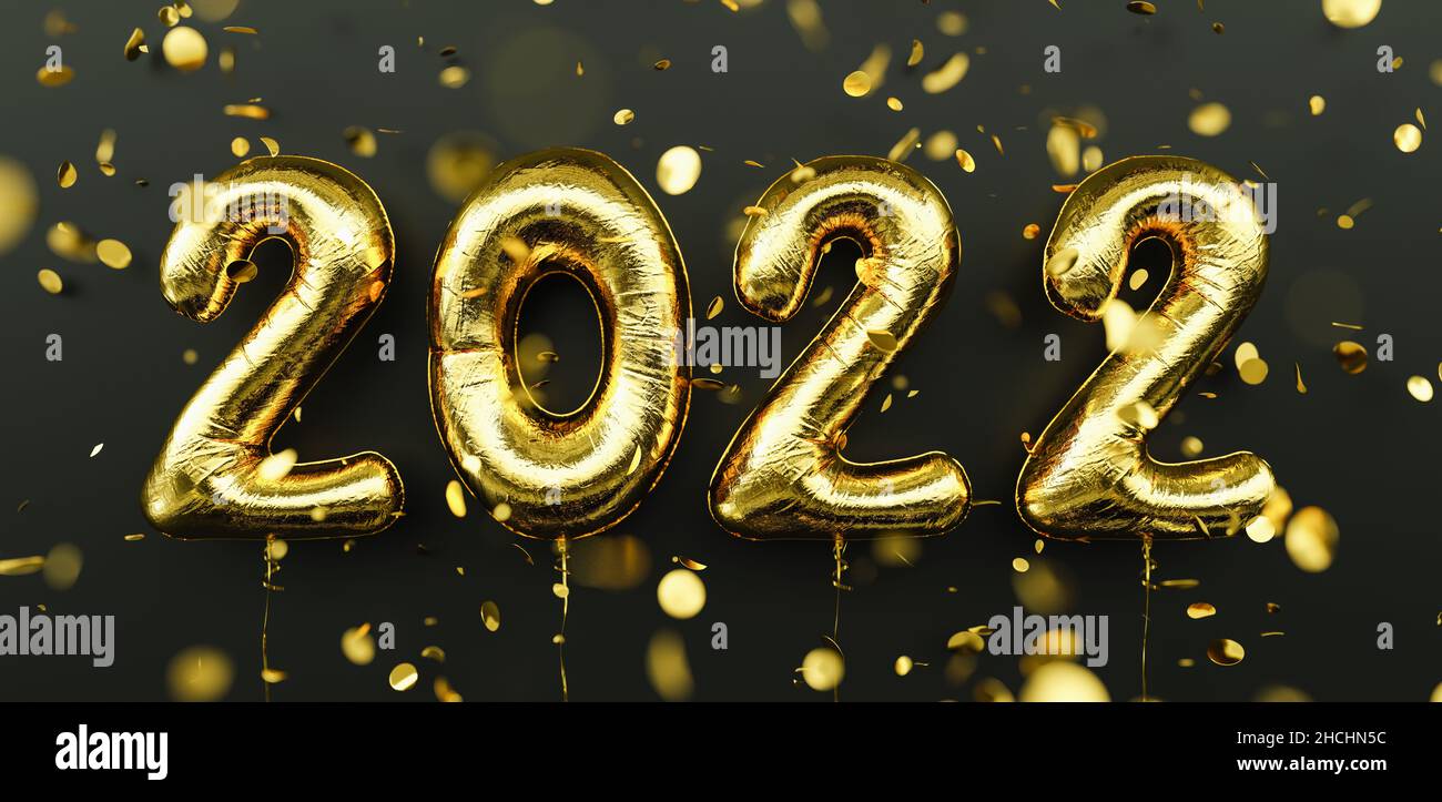 Frohes Neues Jahr 2022. 2022 goldene Folienballons und herabfallende Konfetti auf schwarzem Hintergrund. Gold Helium Ballon Zahlen. Festliches Poster- oder Bannerkonzept Stockfoto