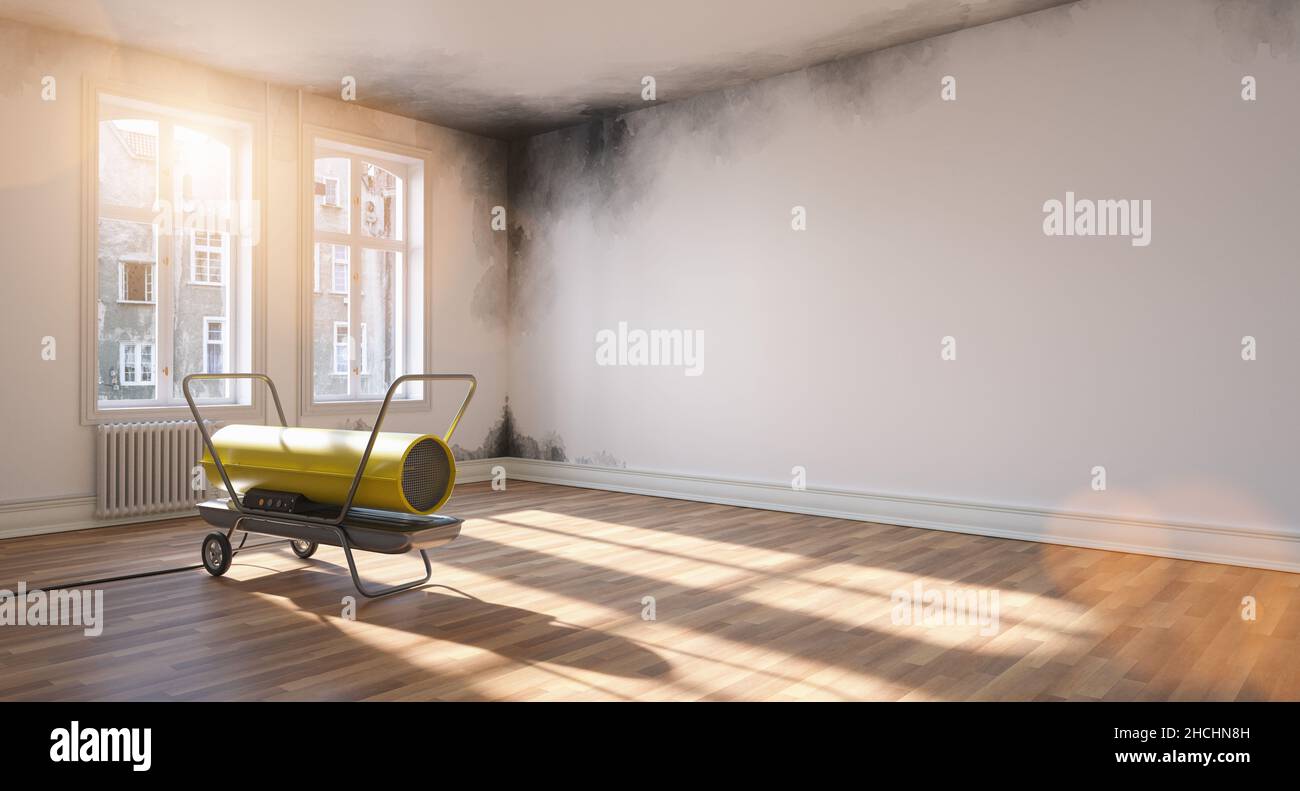 Entfeuchtermiete für Raumwasserschäden bei Haus oder Wohnung mit Mould, mit Copyspace für Ihren individuellen Text. Stockfoto