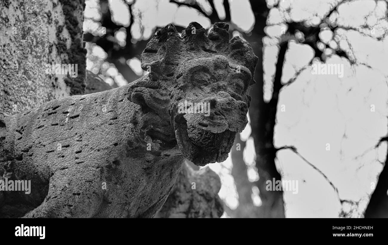Selektive Fokusaufnahme einer Löwenstatue in Schwarz und Weiß Stockfoto