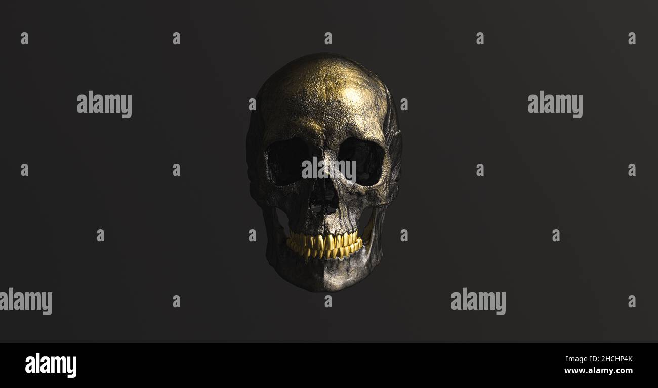 Goldener schwarzer menschlicher Schädel Piratengift Horror Symbol Halloween Medizin. Anatomie und Medizin Konzeptbild. Stockfoto