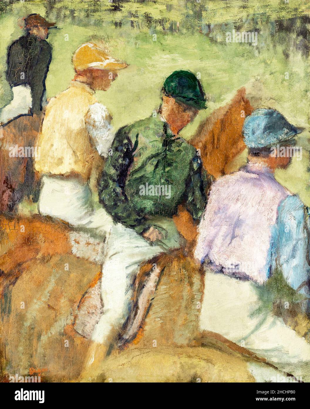 Vier Jockeys (ca. 1889) Gemälde in hoher Auflösung von Edgar Degas. Stockfoto