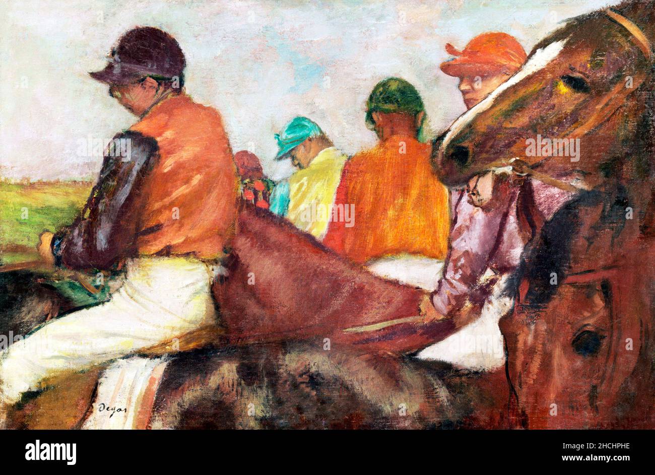 Die Jockeys (ca. 1882) Gemälde in hoher Auflösung von Edgar Degas. Stockfoto