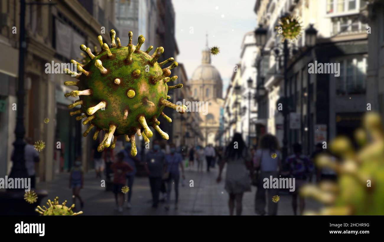 3D Illustration omicron Variant Coronavirus schwebt über einer Straße mit der Kathedrale von Zaragoza. Menschen tragen Gesichtsmasken während Pandemie Grippe Cov Stockfoto