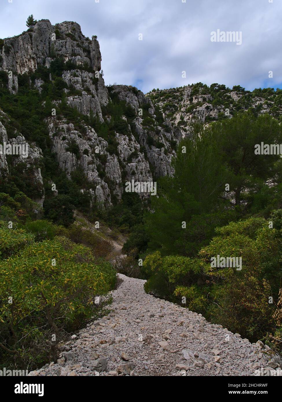 Felsiger Wanderweg am Hang im Nationalpark Calanques in der Nähe von Cassis, an der französischen Riviera am mittelmeer mit schroffen Felsen und grüner Vegetation. Stockfoto