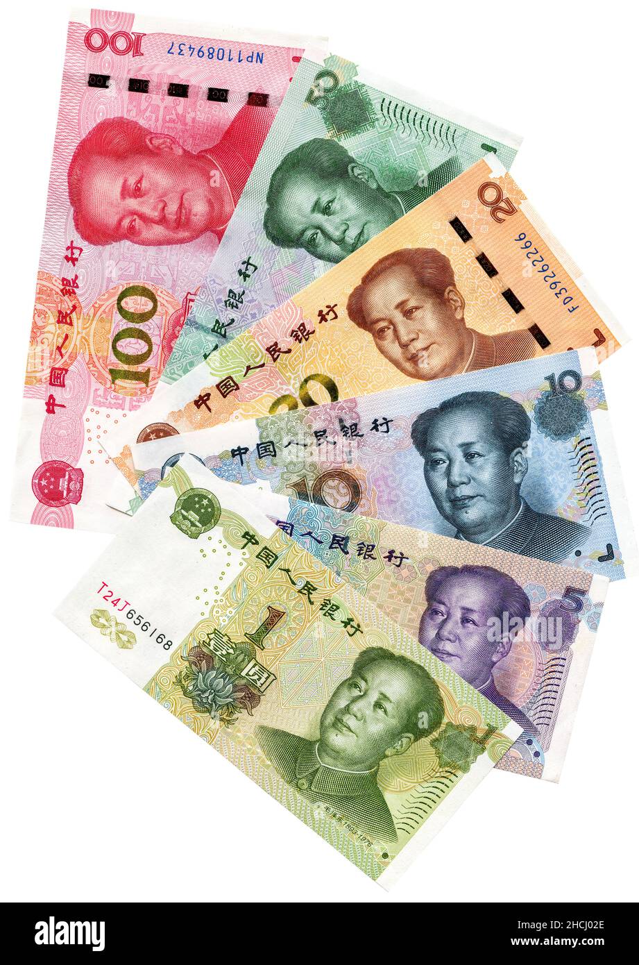 Banknoten von chinesischem Geld mit Porträt von Mao Zedong. Chinesische Papierwährung über weißem Hintergrund Stockfoto