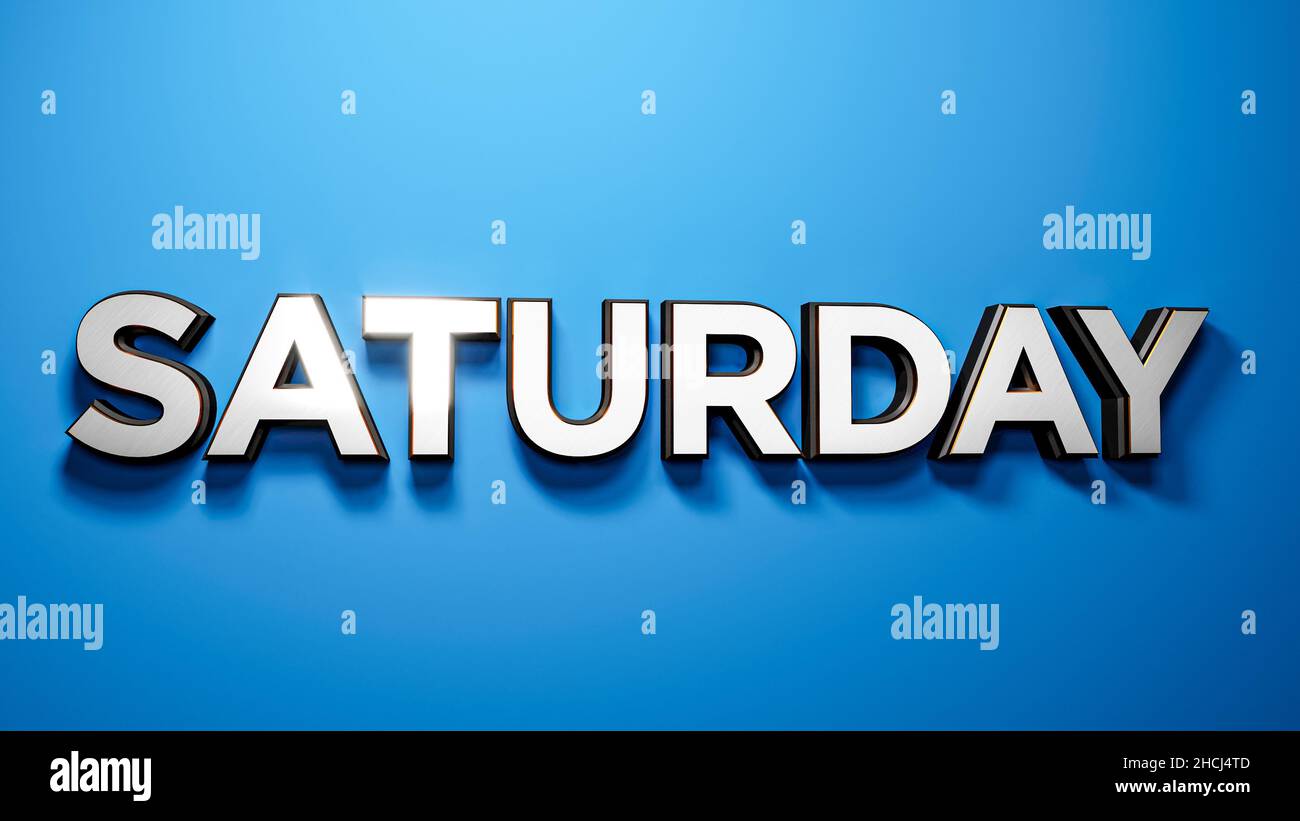 Ein Samstag 3D Typografie gebürstet Metall Chrom Buchstaben auf blauem Hintergrund Stockfoto