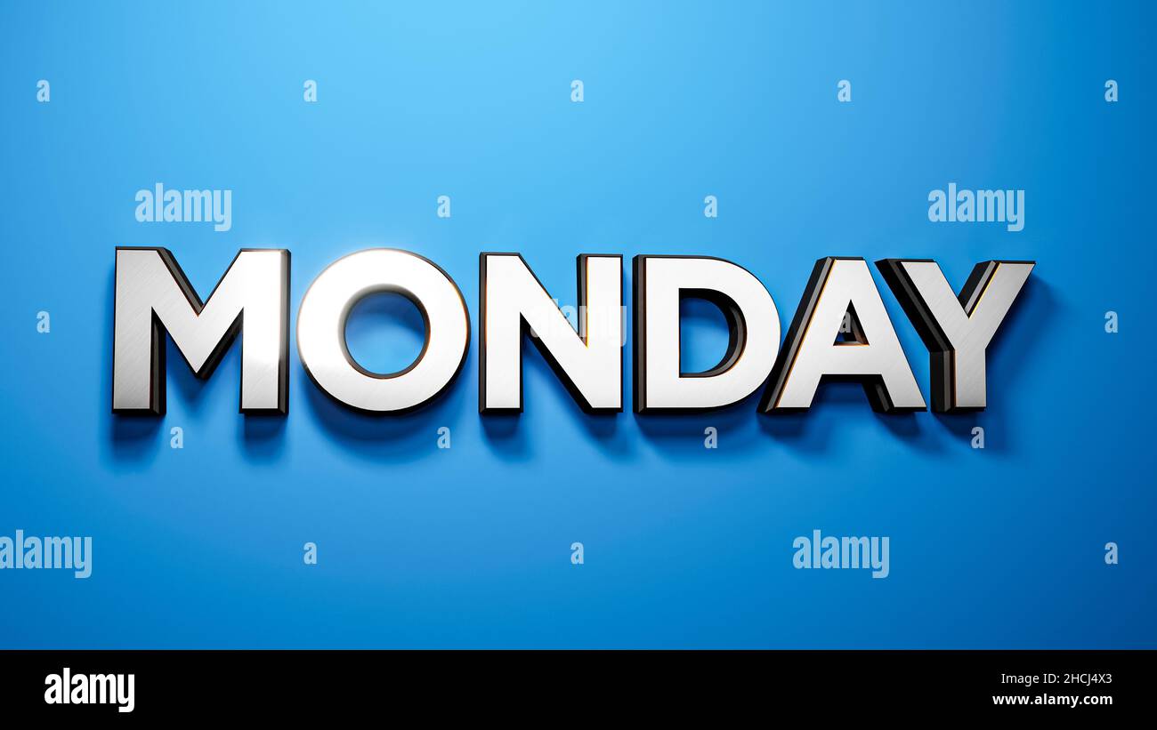 Ein Montag 3D Typografie gebürstet Metall Chrom Buchstaben auf blauem Hintergrund Stockfoto