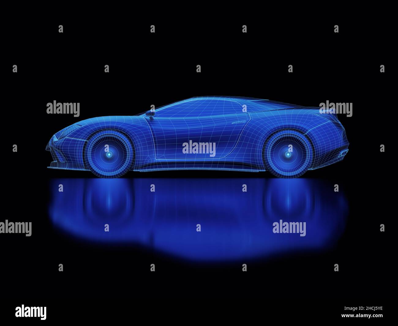 Sportwagen Blaupause Konzept in 3D Software gemacht. Konzeptbild von Prototypen- und aerodynamischen Tests. Beschneidungspfad enthalten. Stockfoto