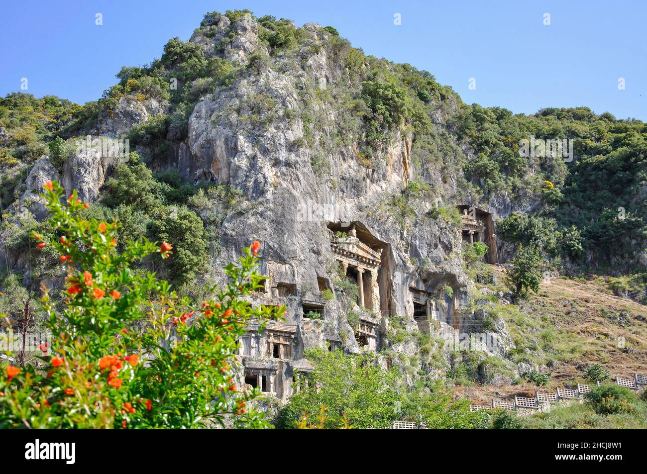 Lykischen Gräbern geschnitten, Klippen, Fethiye, Provinz Mugla, Türkei Stockfoto