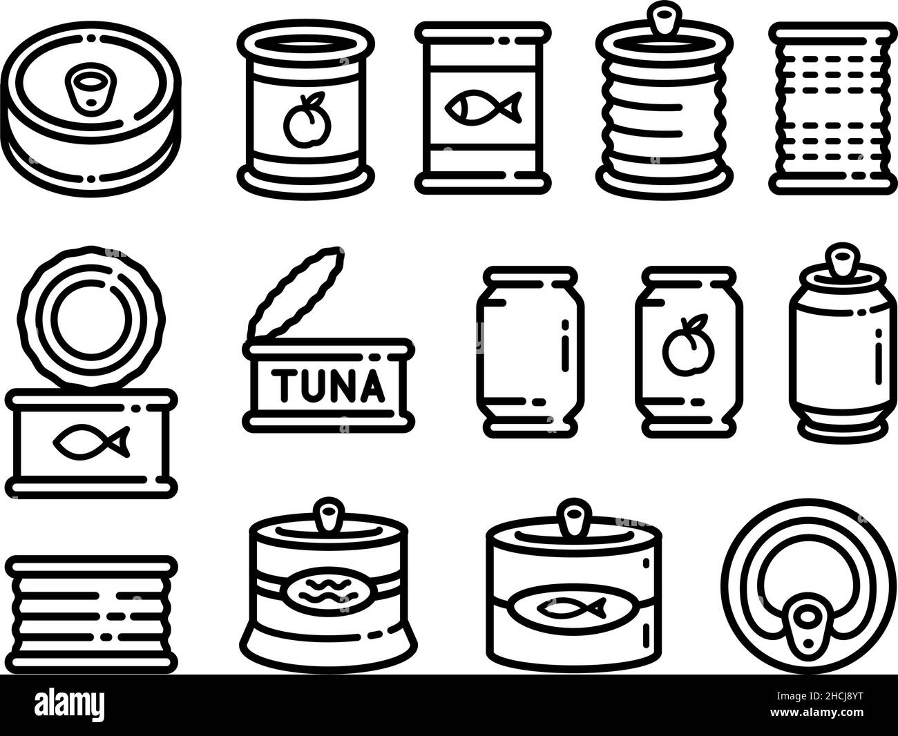 Zinn-CAN-Liniensymbole gesetzt. Kontursammlung von TIN-CAN-Vektorsymbolen für Webdesign isoliert auf weißem Hintergrund Stock Vektor