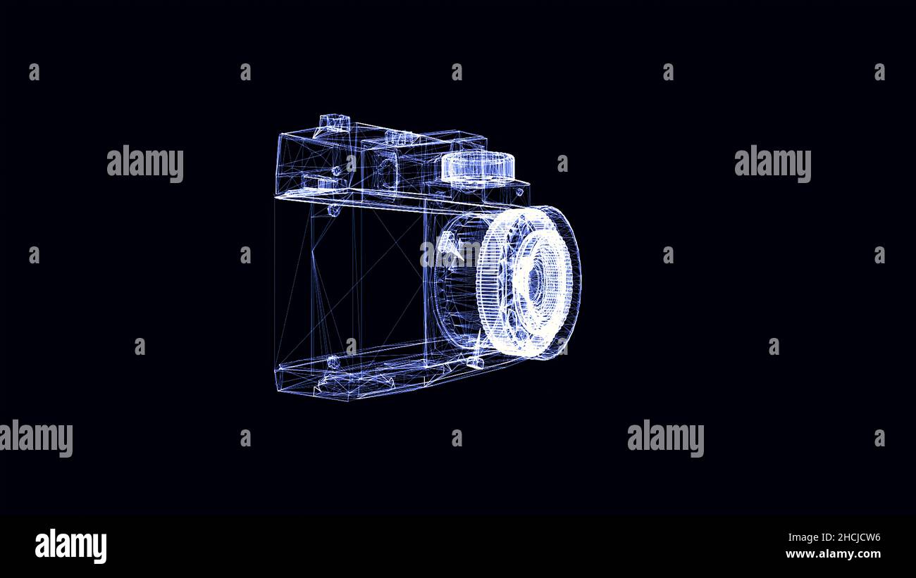 Altmodisches Hologramm der Fotokamera, das sich auf schwarzem Hintergrund dreht. Blaues Kamera-Drahtmodell, das aus Staub, kleinen Partikeln und sich drehenden Teilen erscheint Stockfoto
