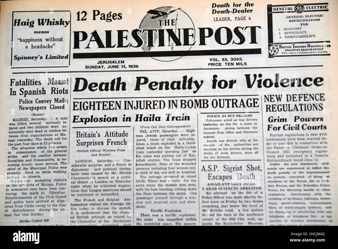 Schlagzeile der israelischen Zeitung mit einem historischen Ereignis - Todesstrafe für Gewalt, 1936 Stockfoto