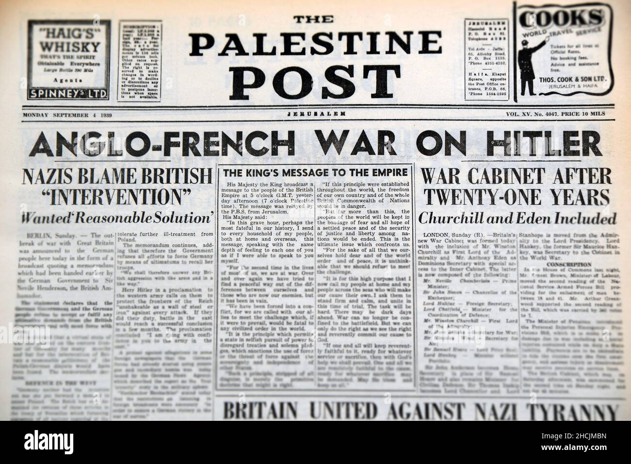 Schlagzeile der israelischen Zeitung, die den Beginn des Zweiten Weltkriegs mit einem englisch-französischen Krieg gegen Hitler proklamierte, 4. September 1939 Stockfoto