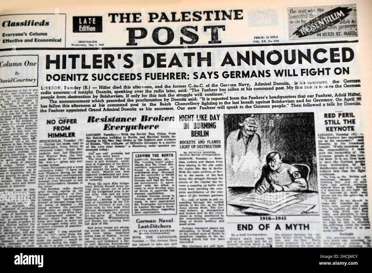 Schlagzeile aus israelischer Zeitung mit einem historischen Ereignis - Hitlers Tod angekündigt, 1945 Stockfoto