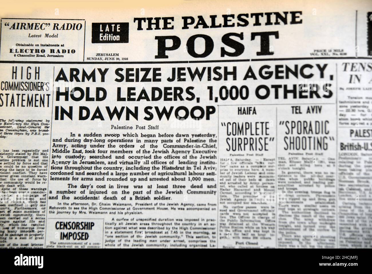 Schlagzeile der israelischen Zeitung mit einem historischen Ereignis - British Seize Jewish Agency, 1946 Stockfoto