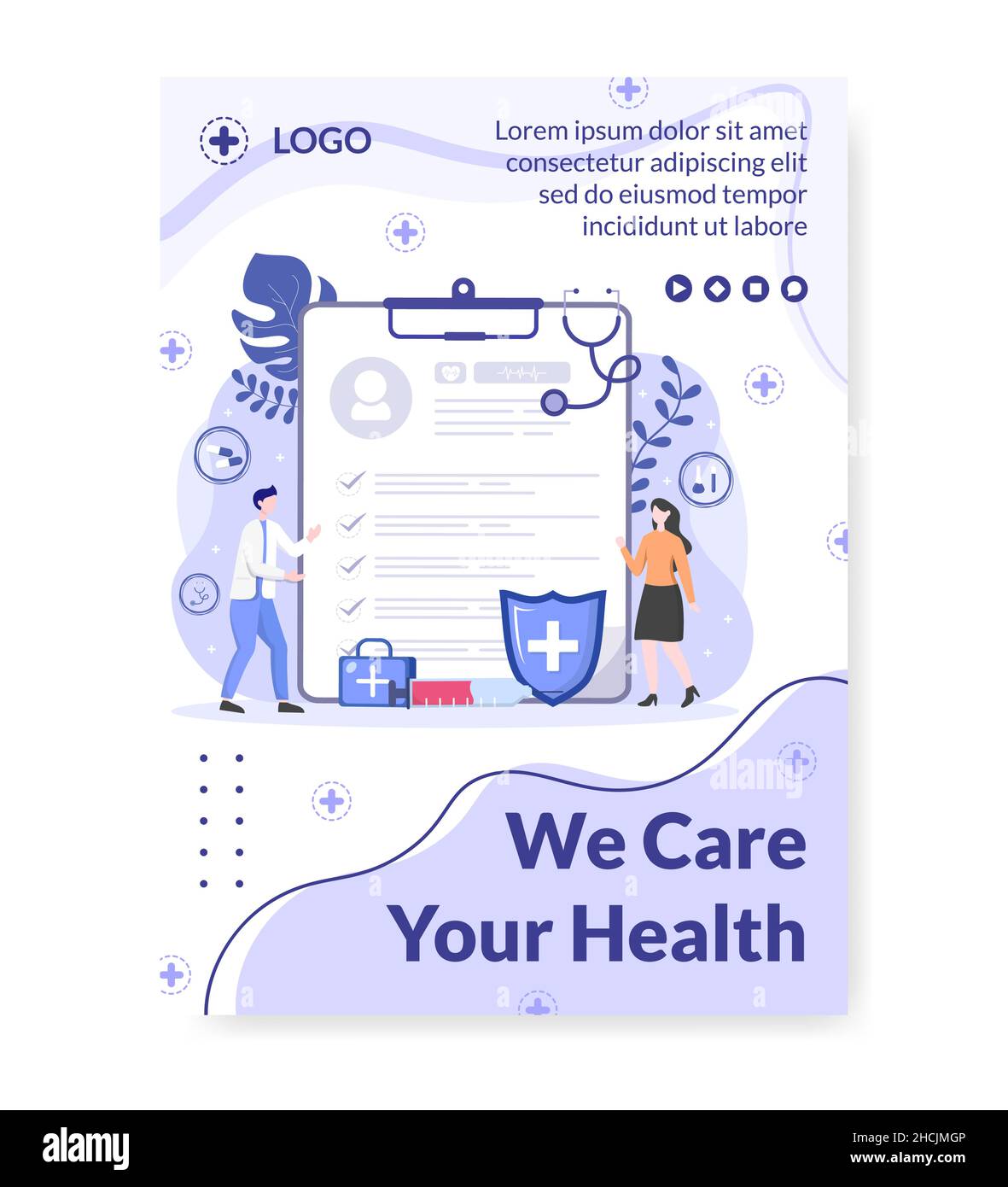 Medical Check Up Post Template Health Care Flat Design Illustration editierbar von quadratischen Hintergrund für Social Media, Grußkarte oder Web Stock Vektor