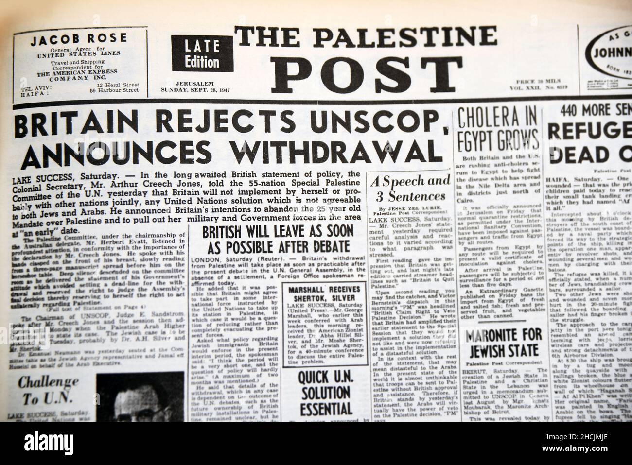 Schlagzeile aus der israelischen Zeitung mit einem historischen Ereignis - Großbritannien kündigt Rückzug an, 1947 Stockfoto