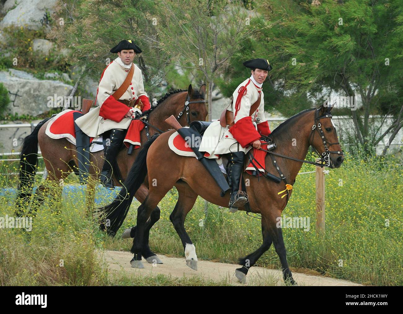 Historische Nachstellung der Miquelets von Katalonien am Strand von Arenys de Mar, Barcelona, Katalonien, Spanien Stockfoto