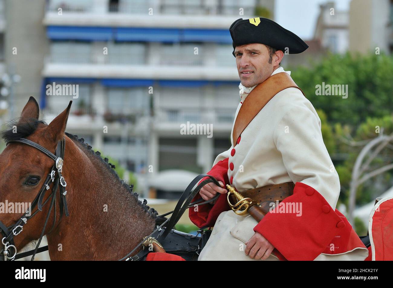 Historische Nachstellung der Miquelets von Katalonien am Strand von Arenys de Mar, Barcelona, Katalonien, Spanien Stockfoto
