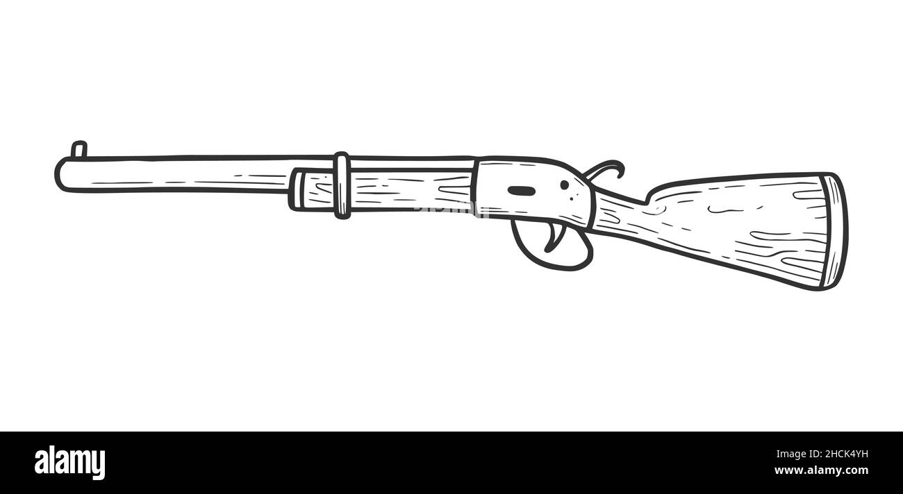 Handgezeichnetes Schusswaffenelement. Doodle-Skizzenstil. Zeichnungslinie einfaches Jagdgewehr Symbol. Isolierte Vektordarstellung. Stock Vektor