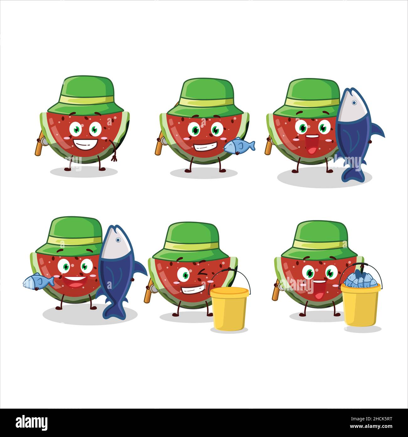 Ein Fischer Wassermelone Gummy Süßigkeiten Cartoon Bild fangen einen großen Fisch. Vektorgrafik Stock Vektor