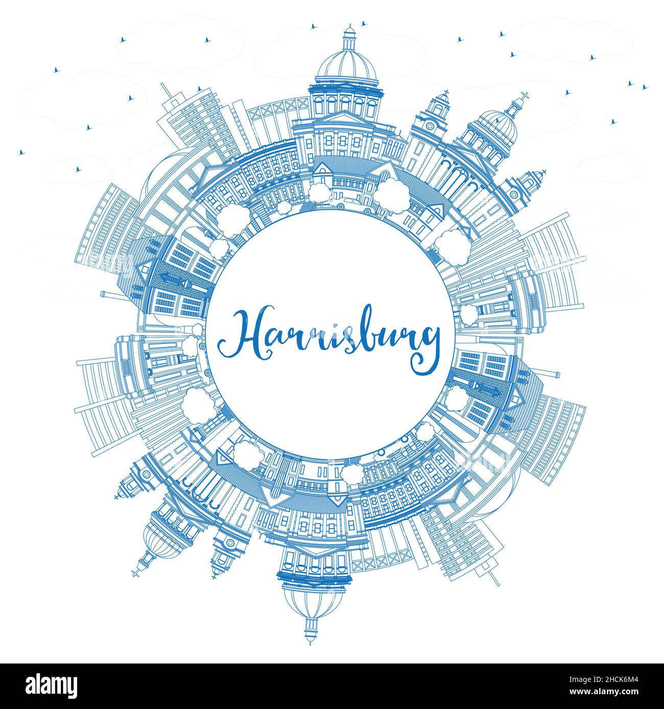Skizzieren Sie die Skyline von Harrisburg, Pennsylvania City, mit blauen Gebäuden und Kopierflächen. Vektorgrafik. Harrisburg USA Stadtbild mit Wahrzeichen. Stock Vektor