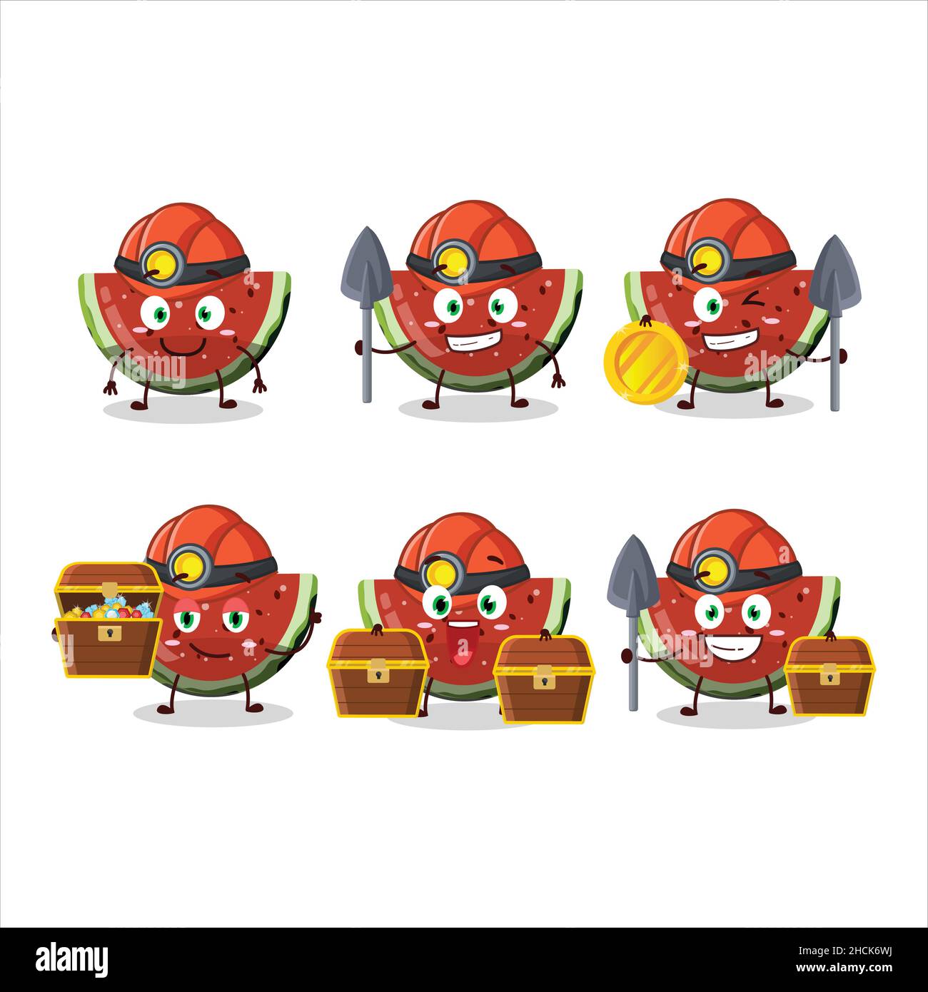 Bergleute Wassermelone Gummy Süßigkeiten niedlichen Maskottchen Charakter trägt Helm. Vektorgrafik Stock Vektor